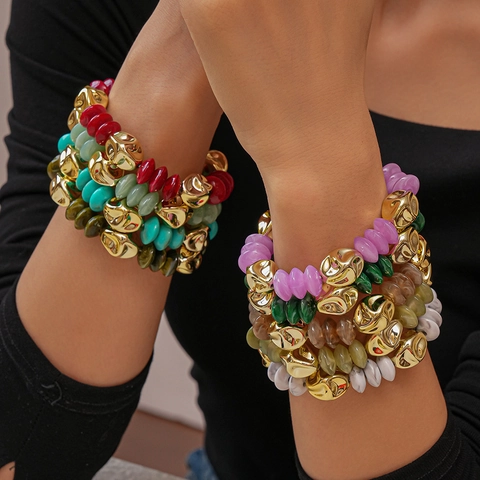 Pulsera De Cuentas Retro Irregular Oro Aleación Cuentas Acrílico Colorido Textura Mármol Elástico Bohemio Moda Joyería Mujeres