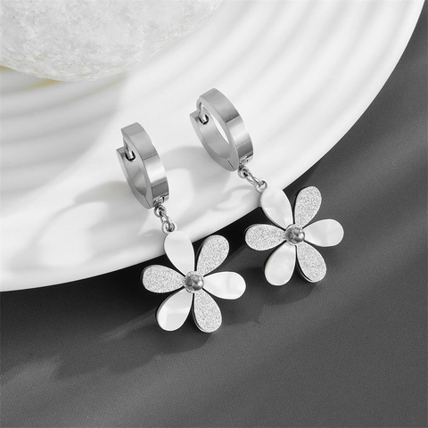 Stainless Steel Flower Earrings For Women Frosted Petals Mother Of Artificial Pearl Shell Style Lever Back Hoop Elegant Jewelry