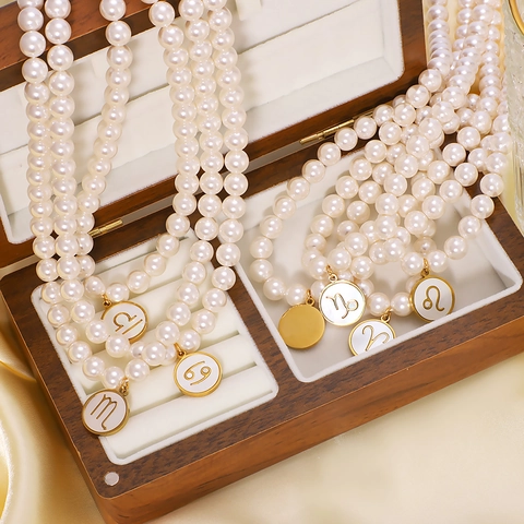 Zodiac Constellation Pendant Necklace Stainless Steel 18K Gold Plated Shell Artificial Pearl Bead Elegant French Jewelry For Women