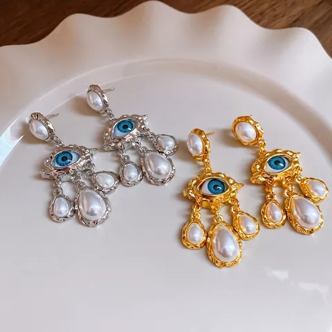 Pendientes Colgantes De Ojo Turco Vintage Aleación Ojo Azul Perla Artificial De Imitación Con Poste De Plata Esterlina 925 Joyería Para Mujer