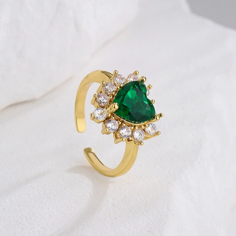 Verstelbare Open Ring Dames Smaragdgroene Zirkoon Geometrisch Hart Vierkant Koper Verguld Luxe Vintage Sieraden