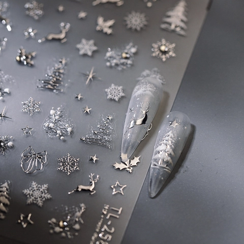 Adesivi Per Unghie Di Natale Rilievo 3D Metallico Oro Argento Fiocchi Di Neve Renna Fiocco Autoadesivo Decorazione Manicure