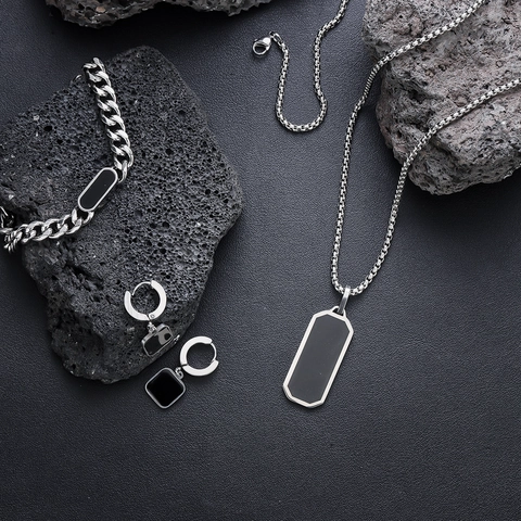 Men Stainless Steel Necklace And Bracelet Black Rectangular Pendant Minimalist Geometric Fashion Jewelry