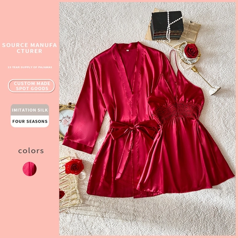 Women Nightdress And Robe Pajamas Imitation Satin Satin Lace Trim V-Neck Sexy Loungewear Red Elegant Sleepwear