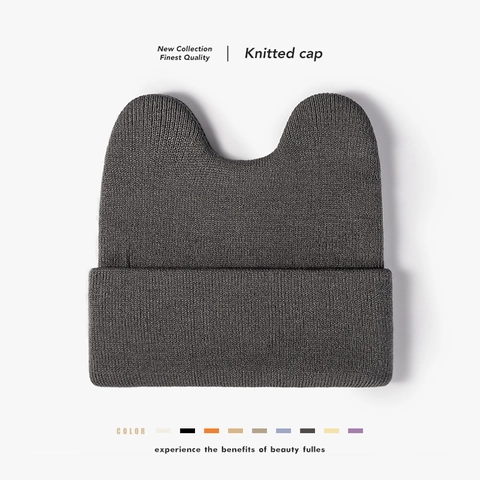 Cat Ears Beanie Hat Acrylic Knitted Warm Winter Cuff Solid Color For Women Casual Outdoor Fashion