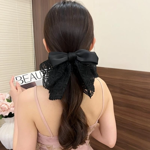Large Lace Bowknot Hair Claw Clip Satin Ribbon Elegant French Retro Ponytail Holder Styling Accessory For Women