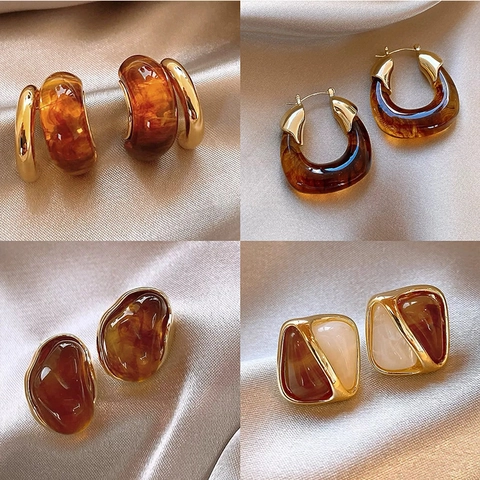 Vintage Geometric Hoop Earrings With 925 Sterling Silver Earring Post Amber Resin Tiger Eye Style Alloy Jewelry For Women