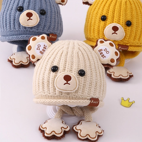 Kids Knitted Ear Protection Hat Cartoon Bear Design Winter Warm Windproof Crochet Cap For Boys Girls