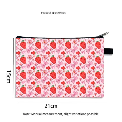 Pink Cosmetic Bag Polyester Zipper Closure Strawberry Floral Print Portable Makeup Organizer For Women Girls Travel Storage