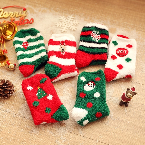 Weihnachts Socken Damen Flauschig Korallen Vlies Warm Dick Wadenlang Thermosocken Winter Gemütlich Weihnachtsmann Rentier Muster