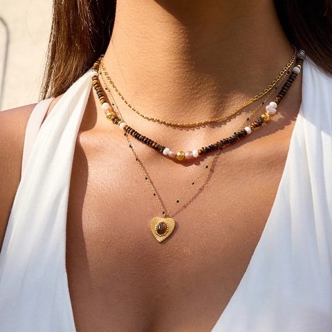 Heart Pendant Necklace Stainless Steel Brown Cat Eye Gold Plated Layered Clavicle Chain Women Waterproof Hypoallergenic