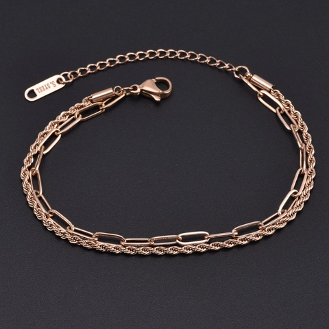 Bracelet Multi Rangs Acier Inoxydable Chaîne Trombone Et Corde Torsadée Or Rose Bijoux Géométriques Pour Femmes