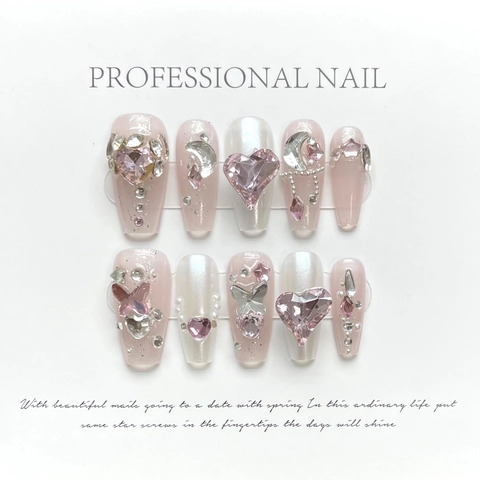 Handmade Y2K Luxury Press On Nails Rose Pink Silver Mirror Powder Heart Rhinestone Butterfly Charm Pearl Fashion Manicure Set