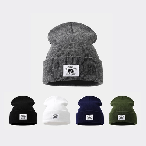 Brooklyn Patch Beanie Mütze Acryl Strick Warm Winter Umschlagmütze Unisex Casual Outdoor Strickmütze