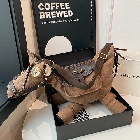 Donkey Horse Shape Shoulder Bag Canvas PU Leather Large Capacity Crossbody Bag For Women Funny Animal Novelty Fashion Purse