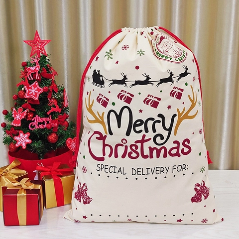 Sacchi Babbo Natale In Tela Di Cotone Coulisse Sacchetti Regalo Confezione Natalizia Riutilizzabile Stampa Renna Polo Nord