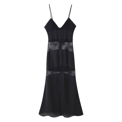 Elegantes Maxi-Kleid Mit V-Ausschnitt Und Spitzenbesatz Satin-Spaghettiträger Rückenfrei Slim Fit Abendparty Langes Kleid