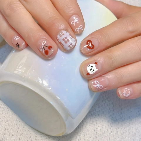 Press On Nails Short Round Square Sweet Cat Cherry Bow Design Glossy Artificial Nails For Women Girls