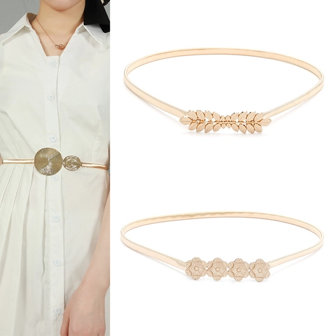 Women Elastic Metal Waist Chain Belt Golden Leaf Flower Buckle Decorative Skinny Dress Accessory Versatile Elegant