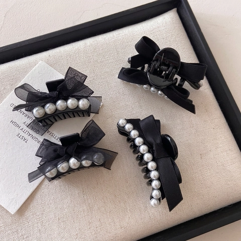 Pinza De Pelo Con Lazo Negro Elegante Tela De Malla Perla Artificial De Imitación Tocado Para Mujeres Estilo Francés Accesorios Para El Cabello