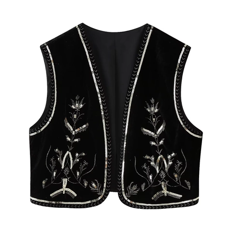 Damen Samt Weste Pailletten Stickerei Ethno Stil Ärmellos Offene Vorderseite V-Ausschnitt Jacke Top