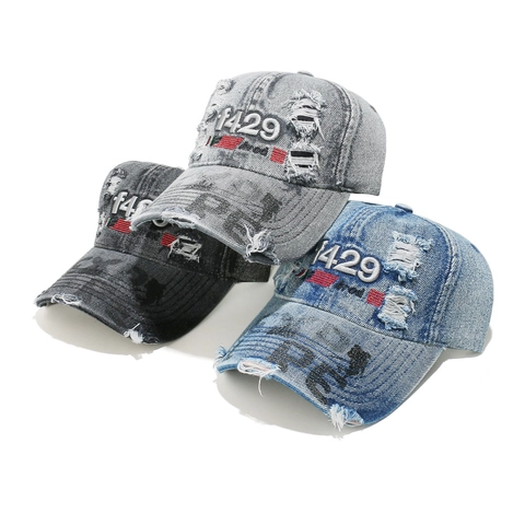 Berretto Da Baseball In Denim Di Cotone Lavato Vintage Stile Hip Hop Americano Streetwear Strappato Ricamo Lettere 3D