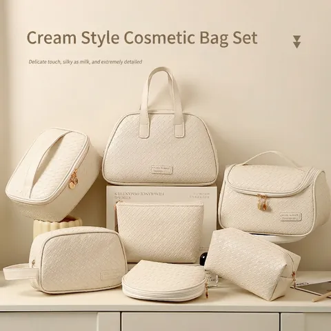 Woven PU Leder Kosmetiktasche Große Kapazität Wasserdicht Tragbare Reise Kulturbeutel Organizer Für Frauen
