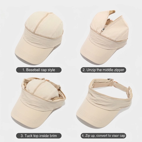 Detachable Zipper Top Baseball Cap Quick Dry Polyester Breathable Dual Use Sun Visor Hat Outdoor Sport Adjustable Plain Color