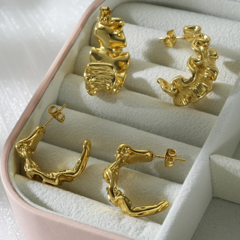 Luxury Stainless Steel Irregular Wave Hoop Earrings For Women Gold Plated Liquid Metal Statement Fashion Jewelry Earrings