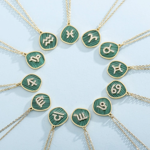 Edelstahl 12 Tierkreiszeichen Halskette Für Damen Vergoldeter Grüner Malachit Textur Anhänger Strass Schmuck Geschenk