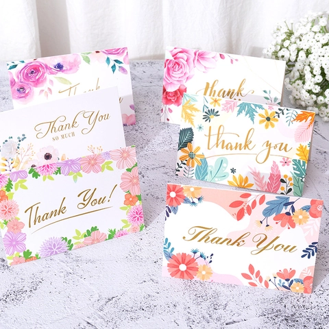 Floral Thank You Greeting Cards Gold Foil Cardboard Envelopes Wedding Birthday Business Flower Hand Painted Illustration