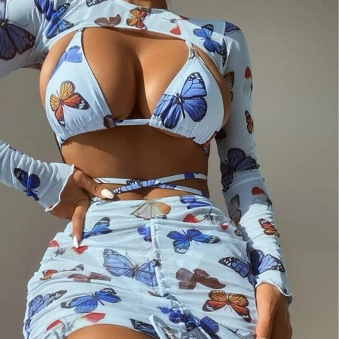 Schmetterling Druck Halfter Bikini Top Unten Mit Mesh Shrug Und Gerafftem Minirock Sexy Beachwear Damen Polyester Spandex