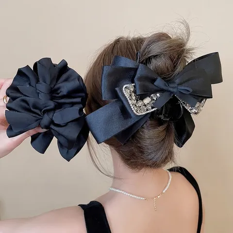 Schwarze Satin Schleife Haarkralle Mit Strass Große Haarklammer Eleganter Französischer Stil Haarschmuck Für Damen