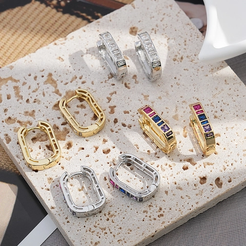 Luxury Brass Zirconia Inlaid Geometric Rectangular Hoop Earrings Simple Gold Silver Fashion Quadrilateral Earrings For Women