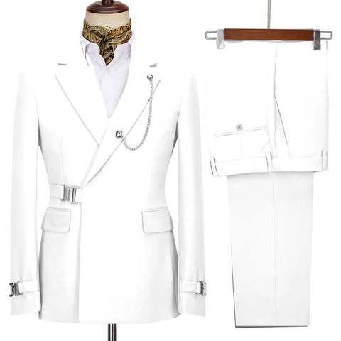 Men Blazer And Pants Polyester Blend Double Breasted Metal Chain Peak Lapel Wedding Business Banquet Slim Fit Fashion