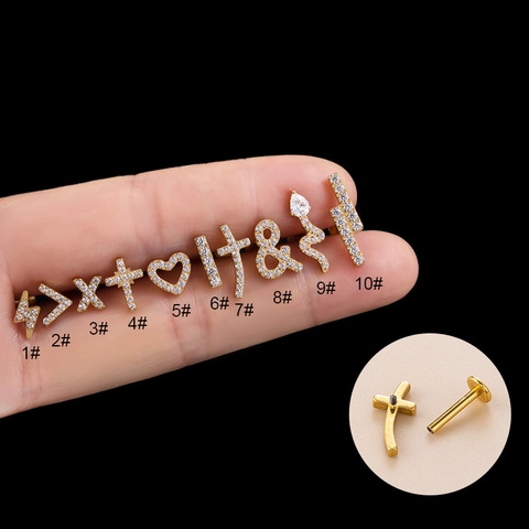 Piercings De Cartilage D'oreille En Titane F136 Avec Zircone Coeur Croix Serpent Filetage Interne Dos Plat Pour Femmes