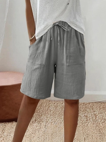 Women Cotton Linen Casual Shorts Elastic Waist Drawstring Loose Straight Leg Solid Color With Pockets Summer