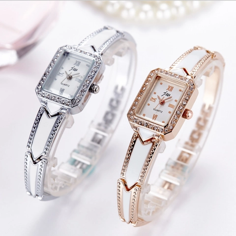 Orologio Al Quarzo Da Donna Cassa Rettangolare In Strass Cinturino In Lega Di Smalto Numeri Romani Moda Elegante