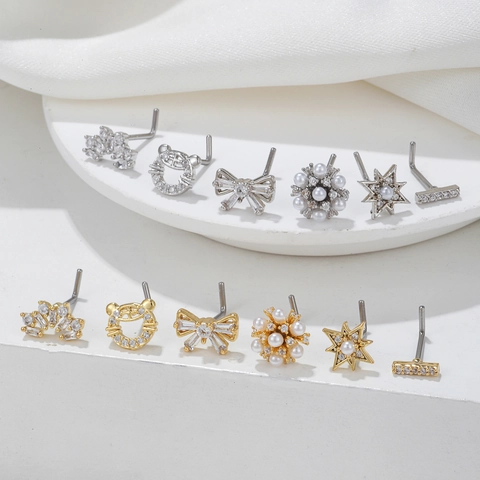 18K Gold Plated Copper L-Shaped Nose Stud For Women Zirconia Inlaid Bowknot Star Flower Body Piercing Jewelry