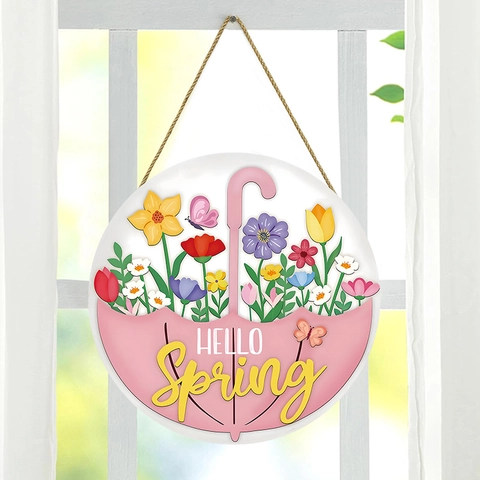 Hello Spring Holz Türschild Rund Blumen Schirm Wanddeko Mit Hanfseil Für Garten Und Veranda Dekoration