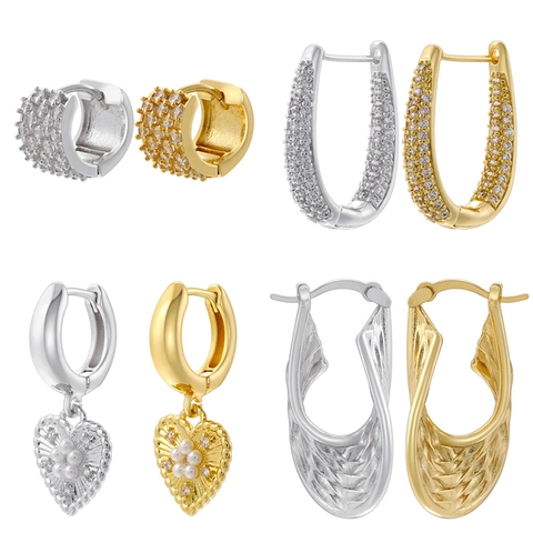 Vintage Huggie Hoop Earrings Brass 18K Gold Plated Heart Artificial Pearl Micro Pave Zircon Geometric Jewelry For Women