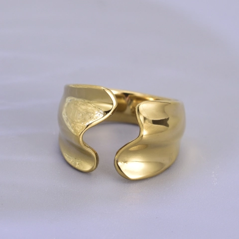 18K Gold Plated 316L Stainless Steel Irregular Wave Open Ring Wide Band Minimalist Adjustable Finger Ring For Women Ins Style Statement Jewelry