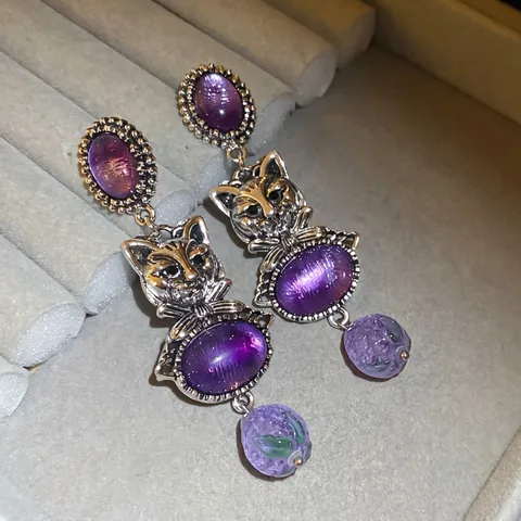 Boucles D'oreilles Pendantes Chat Vintage Strass Violet Noeud Argent Tige Bijoux Animaux Femmes