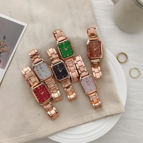 Orologio Quarzo Donna E Bracciale Strass Lega Oro Rosa Quadrante Rettangolare Numeri Romani Accessorio Elegante