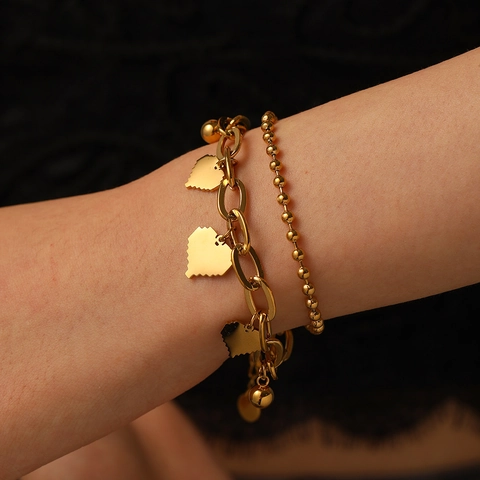 Stainless Steel Double Layer Heart Bracelet Gold Silver Bead Link Chain For Women Fashion Jewelry Elegant Adjustable Gift