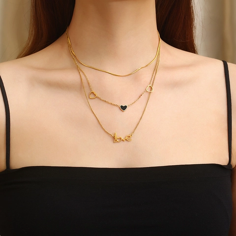 Fashion Double Layer Stainless Steel Necklace Earrings Jewelry Set Black Heart Love Charm Snake Cuban Chain For Women