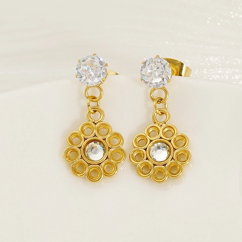 18K Vergoldete Edelstahl Hängende Ohrringe Für Damen Zirkon Straß Geometrische Blumen Hohl Luxus Schmuck
