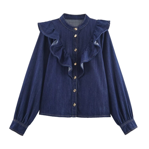 Set Pantaloni In Denim Da Donna Camicia Con Volant Collo Alto Manica Lunga E Pantaloni A Gamba Larga Vita Alta Moda