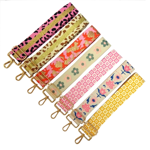 Adjustable Bag Shoulder Strap Polyester Fabric Metal Embroidered Floral Leopard Pattern Replaceable For Handbag