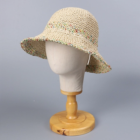 Women's Resort Style Handmade Crochet Paper Straw Hat Foldable Wide Brim Sun Hat With Multi-Color Thread For Summer Beach
